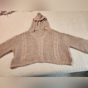 POL Cozy Tan Cable Open Knit Hooded Cropped Sweater Very Oversized Small Fits 2X